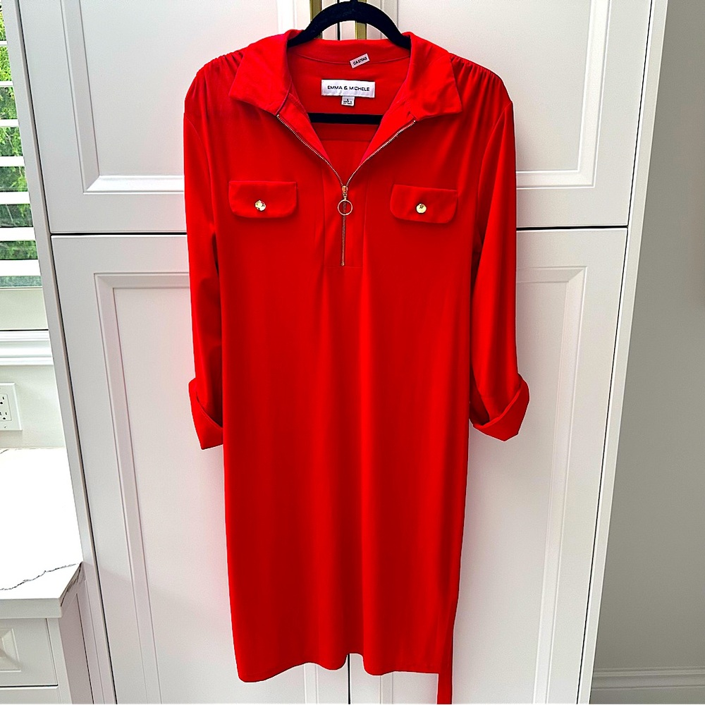 Emma & Michele Sophisticated Casual Corporate Bold Red Dress with Tie Belt - Picture 3 of 8